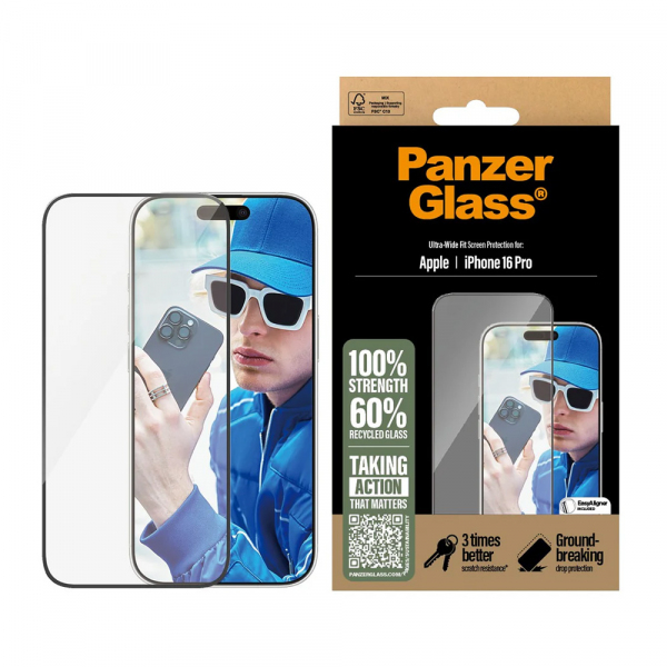 Folie de protectie Ecran PanzerGlass Ultra-Wide Fit pentru Apple iPhone 16 Plus / 15 Plus, Sticla Securizata, Full Glue, Neagra