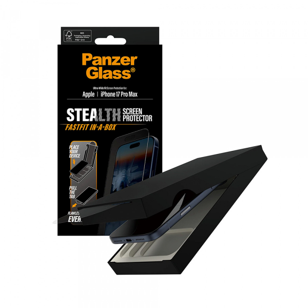 Folie de protectie Ecran PanzerGlass Ultra-Wide Fit Stealth Fastfit pentru Apple 17 Pro Max, Sticla Securizata, Full Glue, Neagra