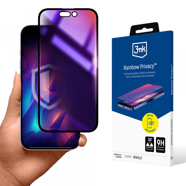 Folie de protectie Ecran Privacy 3MK Rainbow pentru Apple iPhone 16 Pro, Sticla Securizata, Full Glue