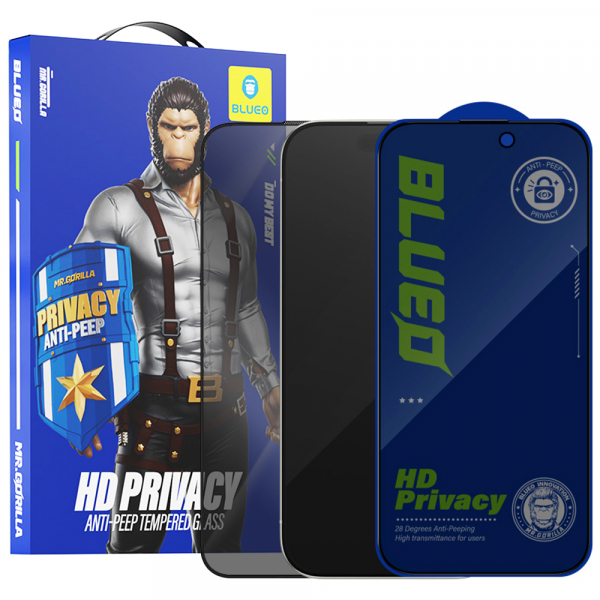Folie de protectie Ecran Privacy Blueo Anti-Peep pentru Apple iPhone 15 Plus, Sticla Securizata, Full Glue
