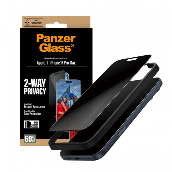 Folie de protectie Ecran Privacy PanzerGlass Ultra-Wide Fit 2-Way EasyAligner pentru Apple 17 Pro Max, Sticla Securizata, Full Glue