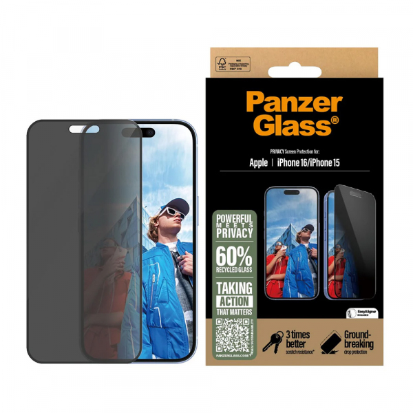 Folie de protectie Ecran Privacy PanzerGlass Ultra-Wide Fit EasyAligner pentru Apple iPhone 16 / 15, Sticla Securizata, Full Glue