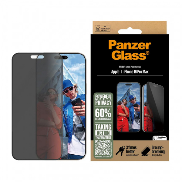 Folie de protectie Ecran Privacy PanzerGlass Ultra-Wide Fit EasyAligner pentru Apple iPhone 16 Pro Max, Sticla Securizata, Full Glue
