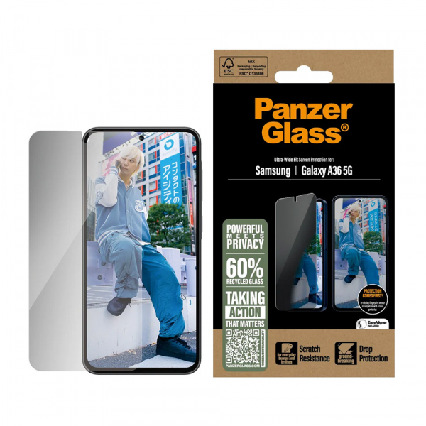 Folie de protectie Ecran Privacy PanzerGlass Ultra-Wide Fit pentru Samsung Galaxy A36 A366, Sticla Securizata, Full Glue