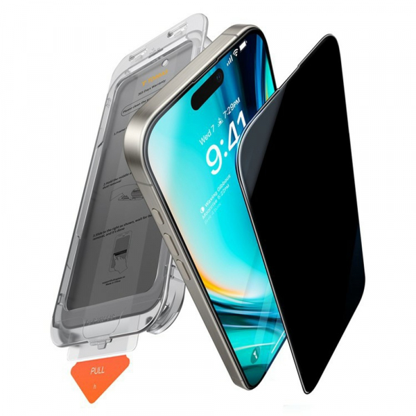Folie de protectie Ecran Privacy Torras GlassGo Install Master pentru Apple 17 Pro Max, Sticla Securizata, Full Glue