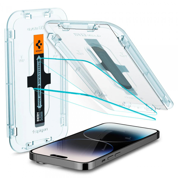 Folie de protectie Ecran Spigen GlastR EZ FIT pentru Apple iPhone 14 Pro, Sticla Securizata, Full Glue, Set 2 bucati AGL05214