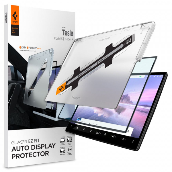 Folie Protectie Spigen GlastR EZ FIT pentru Navigatie Tesla X / S (2022 - 2021), Sticla Securizata AGL04688