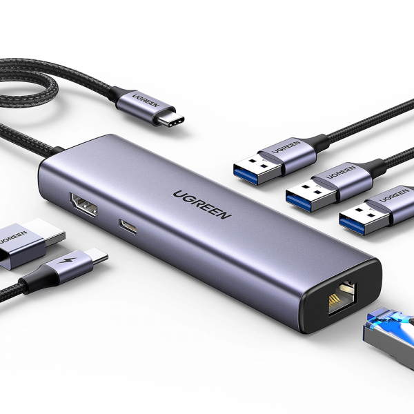 Hub USB-C UGREEN CM512 (15598), 3 x USB-A 3.0 - 1 x USB-C - 1 x HDMI - 1 x RJ45, Gri