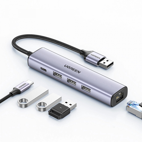 Hub USB UGREEN CM475, 3 x USB-A 3.0 - 1 x USB-C - 1 x RJ45, Gri