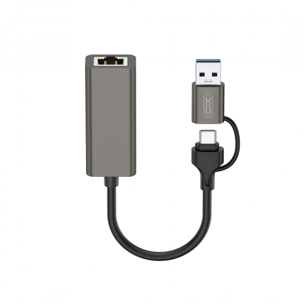 Placa Retea XO Design HUB018, RJ45, USB-C / USB, Gri