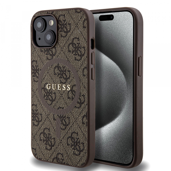 Husa MagSafe pentru Apple iPhone 15 Plus, Guess, 4G Colored Ring, Maro
