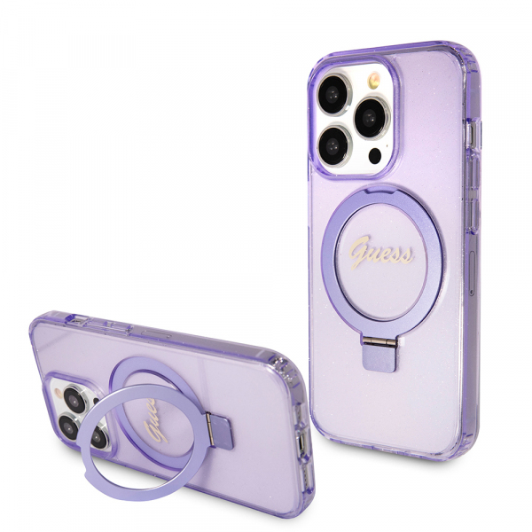 Husa MagSafe pentru Apple iPhone 15 Pro Max, Guess, IML Ring Stand Glitter, Mov