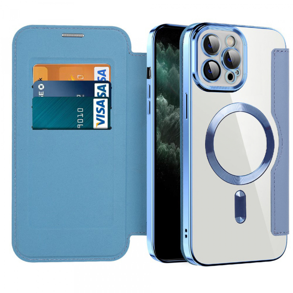 Husa MagSafe pentru Apple iPhone 11 Pro Max, Techsuit, SmartMag Book, Bleu