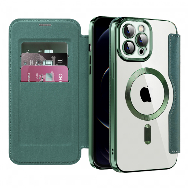 Husa MagSafe pentru Apple iPhone 12 Pro Max, Techsuit, SmartMag Book, Verde