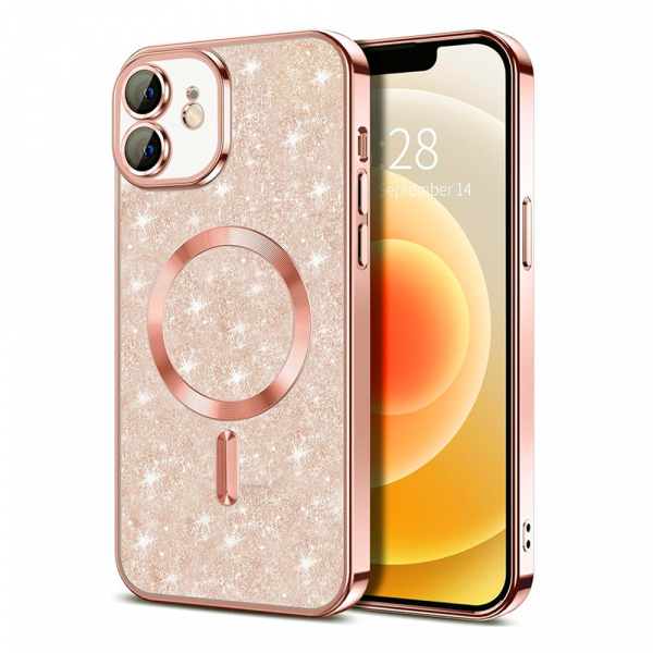 Husa MagSafe pentru Apple iPhone 12, Techsuit, Luxury Glitter, Roz Aurie