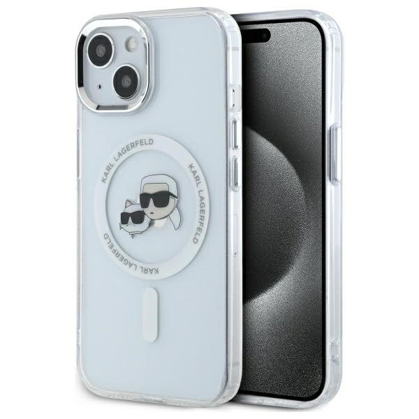 Husa MagSafe pentru Apple iPhone 14, Karl Lagerfeld, IML Metal Karl & Choupette\'s Heads, Alba