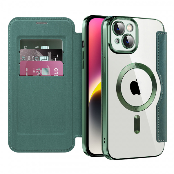 Husa MagSafe pentru Apple iPhone 14 Plus, Techsuit, SmartMag Book, Verde