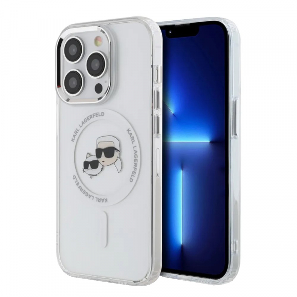 Husa MagSafe pentru Apple iPhone 14 Pro, Karl Lagerfeld, IML Metal Karl & Choupette\'s Heads, Alba