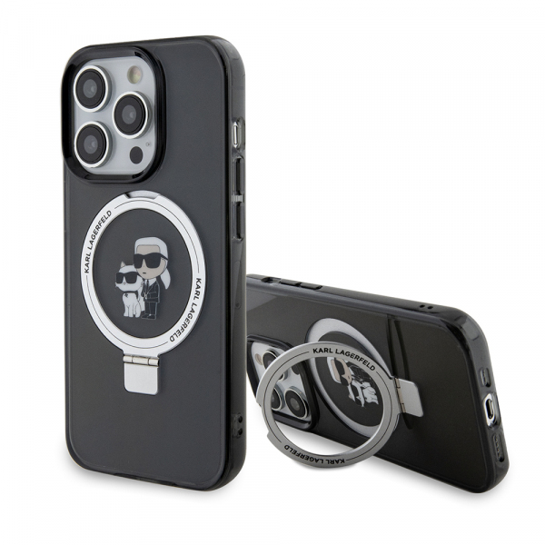 Husa MagSafe pentru Apple iPhone 14 Pro, Karl Lagerfeld, Ring Stand Karl & Choupette, Neagra