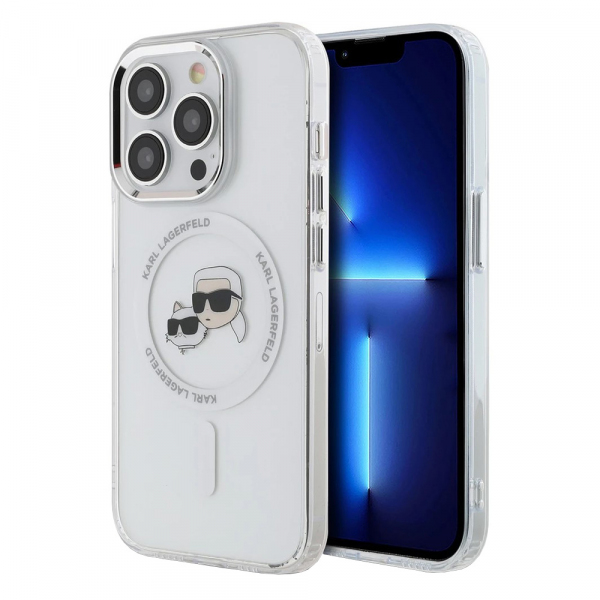 Husa MagSafe pentru Apple iPhone 14 Pro Max, Karl Lagerfeld, IML Metal Karl & Choupette\'s Heads, Alba