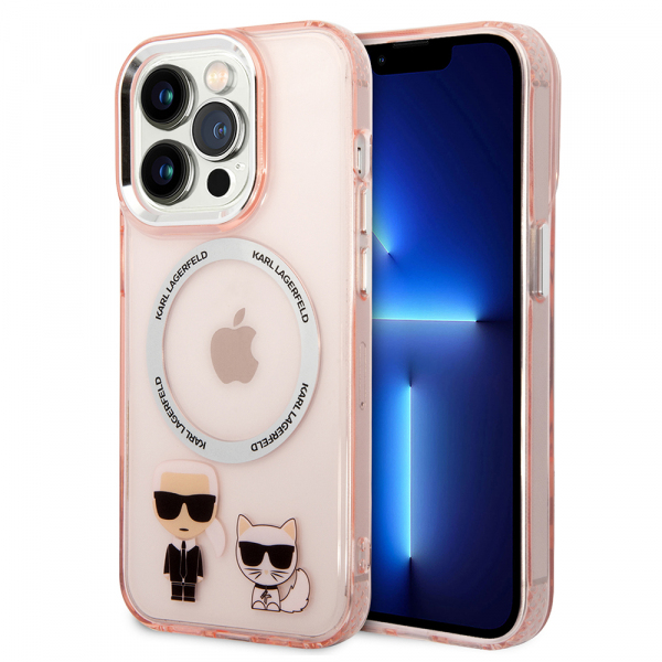 Husa MagSafe pentru Apple iPhone 14 Pro Max, Karl Lagerfeld, Karl & Choupette Aluminium, Roz