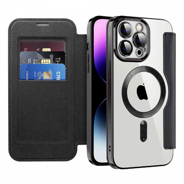 Husa MagSafe pentru Apple iPhone 14 Pro Max, Techsuit, SmartMag Book, Neagra