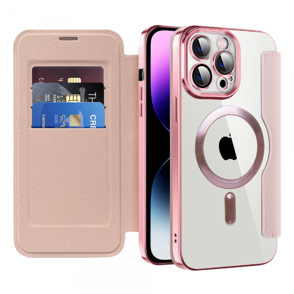 Husa MagSafe pentru Apple iPhone 14 Pro Max, Techsuit, SmartMag Book, Roz