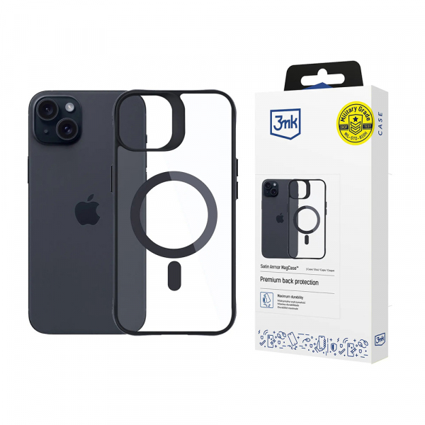 Husa MagSafe pentru Apple iPhone 15, 3MK, Satin Armor, Neagra