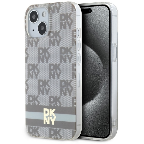 Husa MagSafe pentru Apple iPhone 15, DKNY, Checkered Mono Pattern & Printed Stripes, Bej