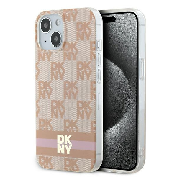 Husa MagSafe pentru Apple iPhone 15, DKNY, Checkered Mono Pattern & Printed Stripes, Roz