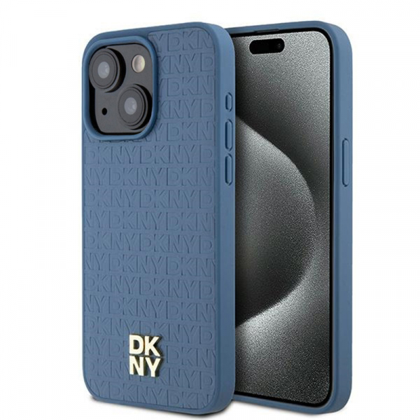 Husa MagSafe pentru Apple iPhone 15, DKNY, Pattern Metal Logo, Albastra