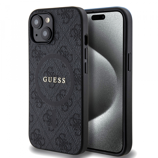 Husa MagSafe pentru Apple iPhone 15, Guess, 4G Ring Classic Logo, Neagra