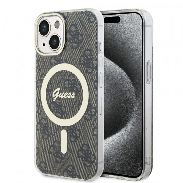 Husa MagSafe pentru Apple iPhone 15, Guess, IML 4G, Maro