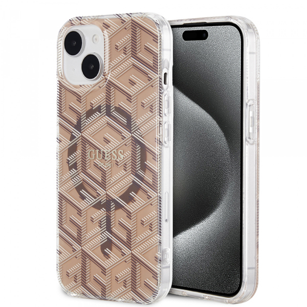 Husa MagSafe pentru Apple iPhone 15, Guess, IML Gcube, Maro