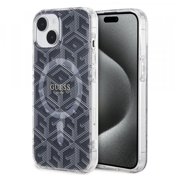 Husa MagSafe pentru Apple iPhone 15, Guess, IML Gcube, Neagra