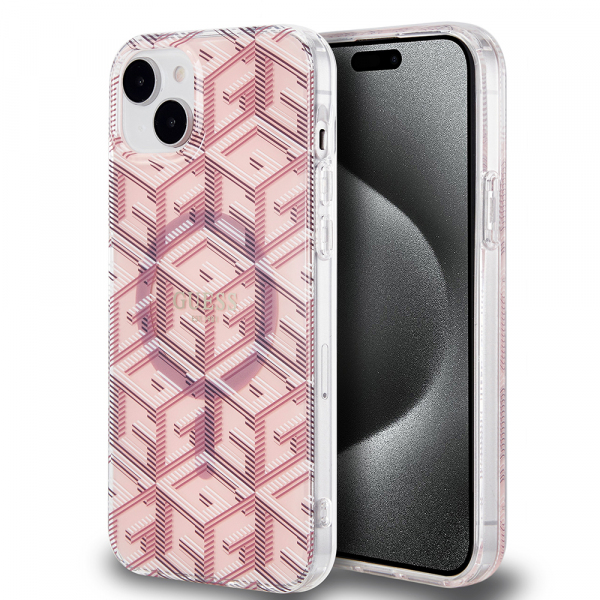 Husa MagSafe pentru Apple iPhone 15, Guess, IML Gcube, Roz