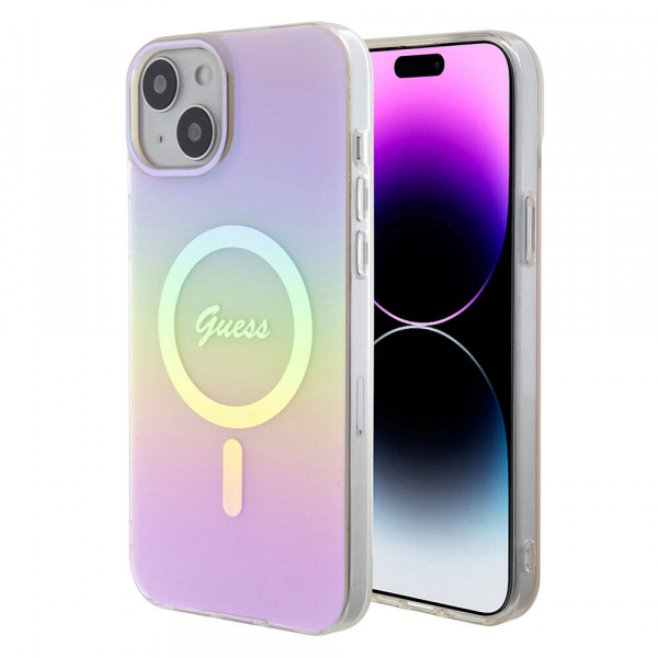Husa MagSafe pentru Apple iPhone 15, Guess, IML Iridescent Script, Roz
