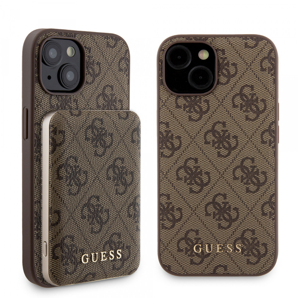 Husa MagSafe pentru Apple iPhone 15, Guess, Powerbank 4G Metal Logo, Maro