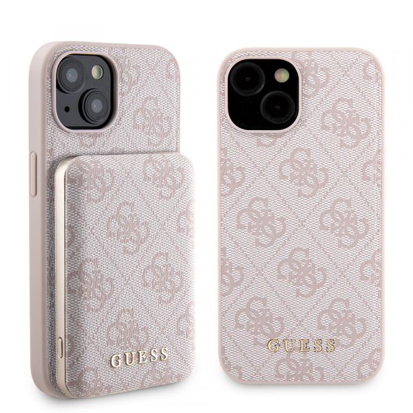 Husa MagSafe pentru Apple iPhone 15, Guess, Powerbank 4G Metal Logo, Roz