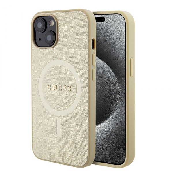 Husa MagSafe pentru Apple iPhone 15, Guess, Saffiano, Bej
