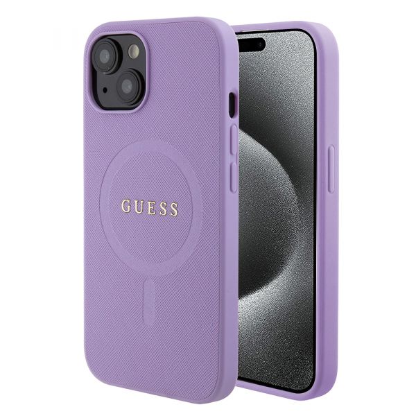Husa MagSafe pentru Apple iPhone 15, Guess, Saffiano, Mov