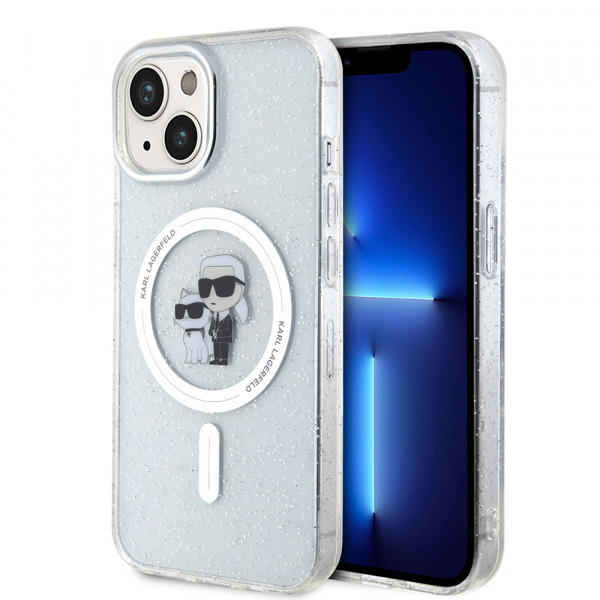 Husa MagSafe pentru Apple iPhone 15, Karl Lagerfeld, Glitter Karl & Choupette, Transparenta