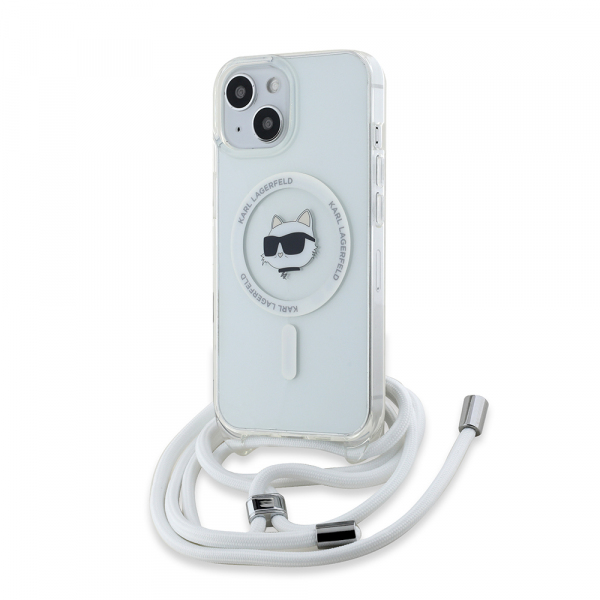 Husa MagSafe pentru Apple iPhone 15, Karl Lagerfeld, IML Crossbody Choupette\'s Head with Strap, Transparenta