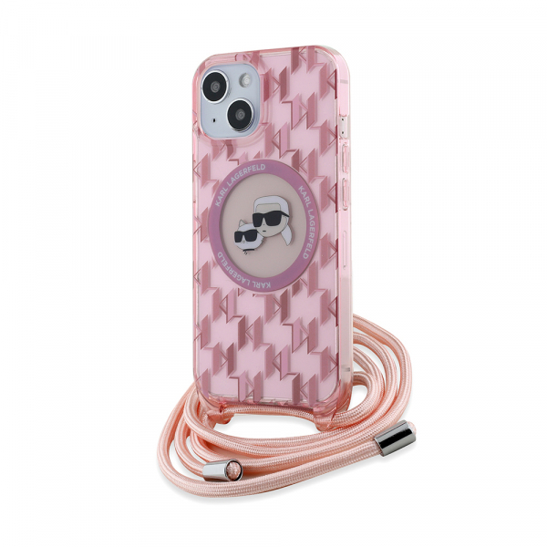 Husa MagSafe pentru Apple iPhone 15, Karl Lagerfeld, IML Crossbody Monogram Karl & Choupette\'s Heads, Roz