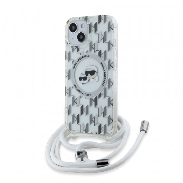 Husa MagSafe pentru Apple iPhone 15, Karl Lagerfeld, IML Crossbody Monogram Karl & Choupette\'s Heads, Transparenta