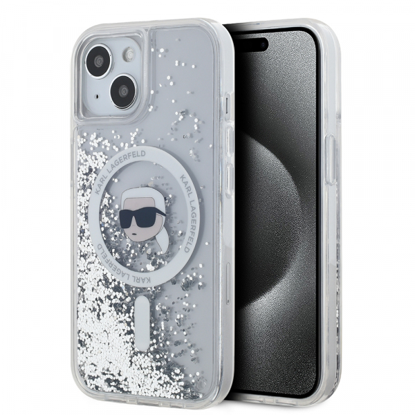 Husa MagSafe pentru Apple iPhone 15, Karl Lagerfeld, Liquid Glitter Karl\'s Head, Transparenta
