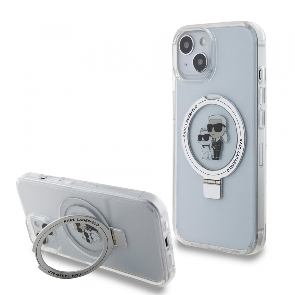 Husa MagSafe pentru Apple iPhone 15, Karl Lagerfeld, Ring Stand Karl & Choupette, Alba