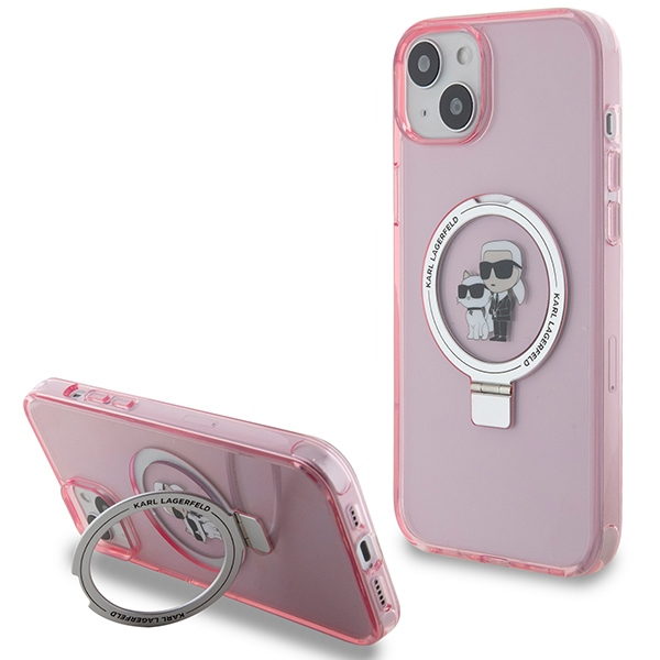 Husa MagSafe pentru Apple iPhone 15, Karl Lagerfeld, Ring Stand Karl & Choupette, Roz