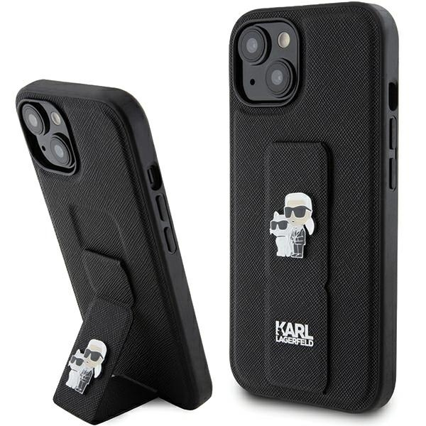 Husa MagSafe pentru Apple iPhone 15, Karl Lagerfeld, Saffiano Gripstand Karl & Choupette, Neagra