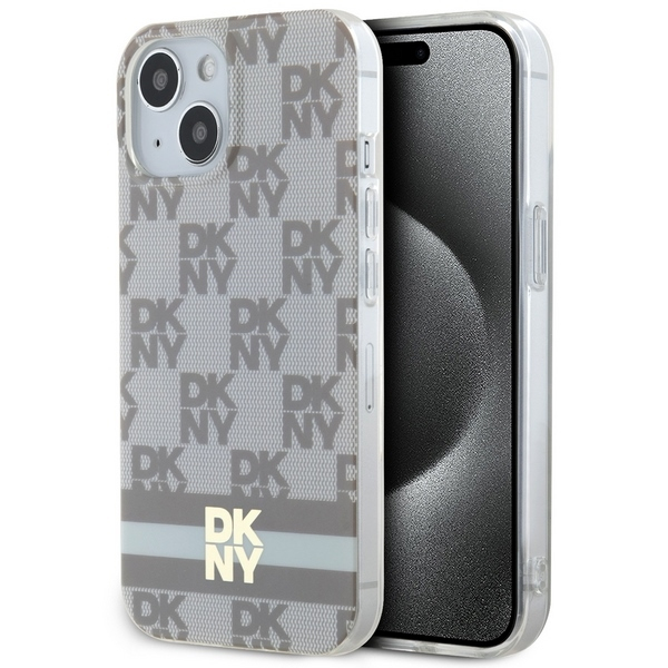 Husa MagSafe pentru Apple iPhone 15 Plus, DKNY, Checkered Mono Pattern & Printed Stripes, Bej